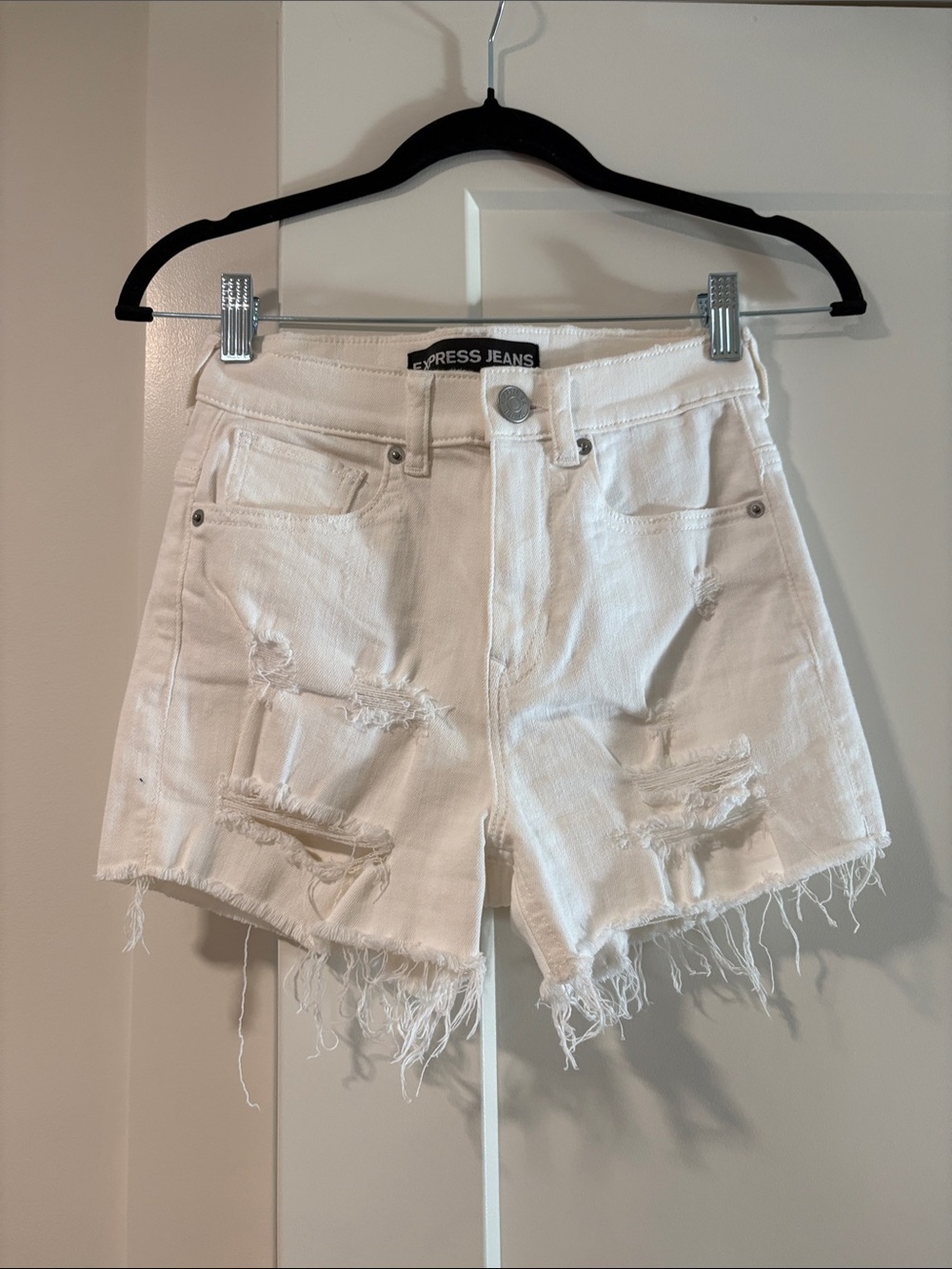 Express White Distressed High-Rise Denim Shorts